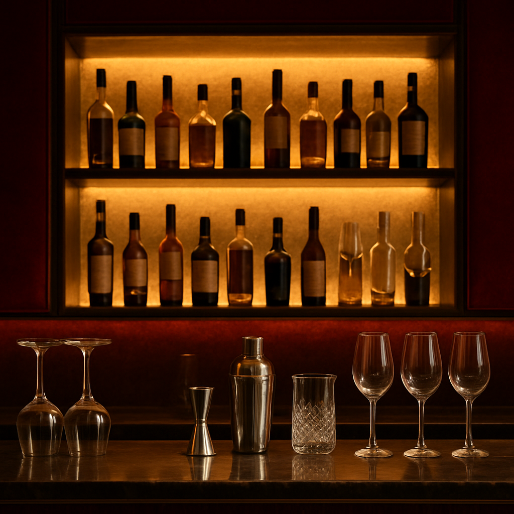 Barra con botellas y cristalería premium