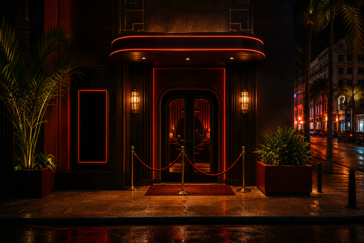 Entrada nocturna del club con luces cálidas